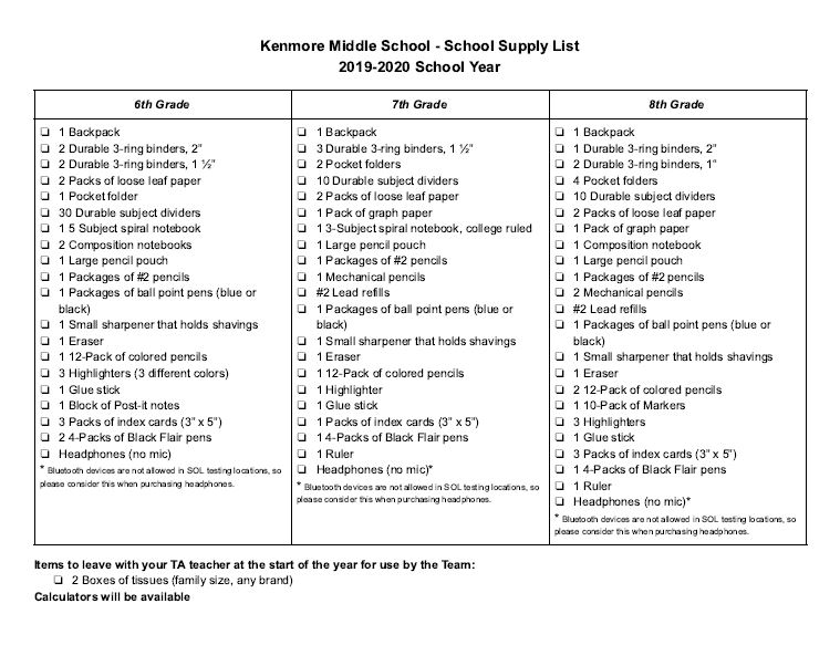 School Supply List For 7th Graders