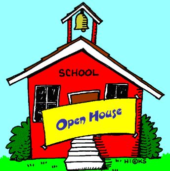 Little schoolhouse with the words school open house.